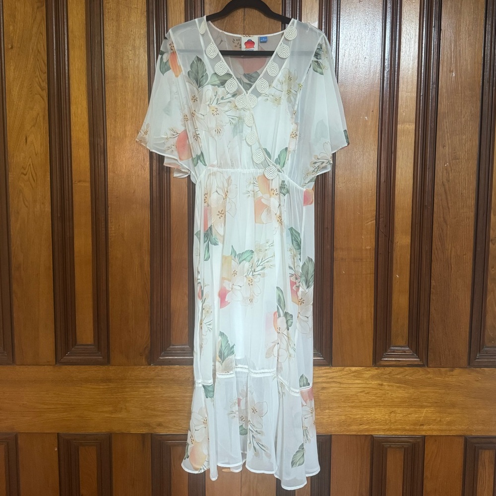 Farm Rio for Anthropologie Eloisa sheer floral midi dress with crochet details.